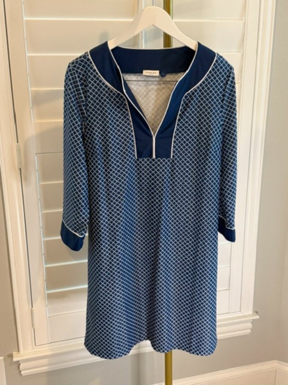 Cabana Life L Navy White Geometric Print 3/4 Sleeve Shift Dress